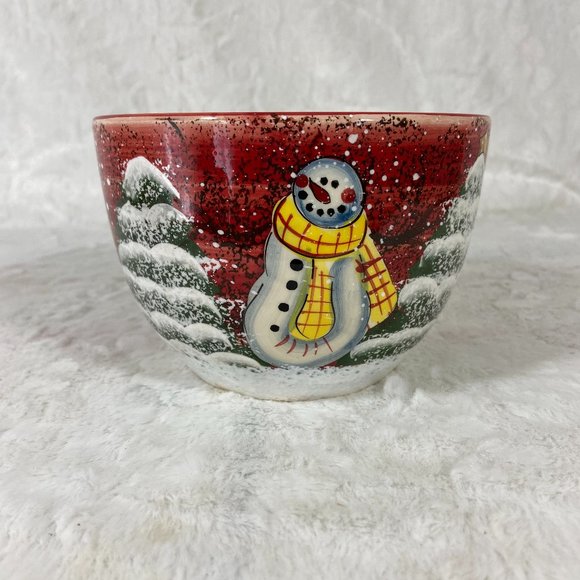 Nantucket Home Nesting Bowl Hand Painted Home For The Holiday Trees & Snowmen - Picture 1 of 6